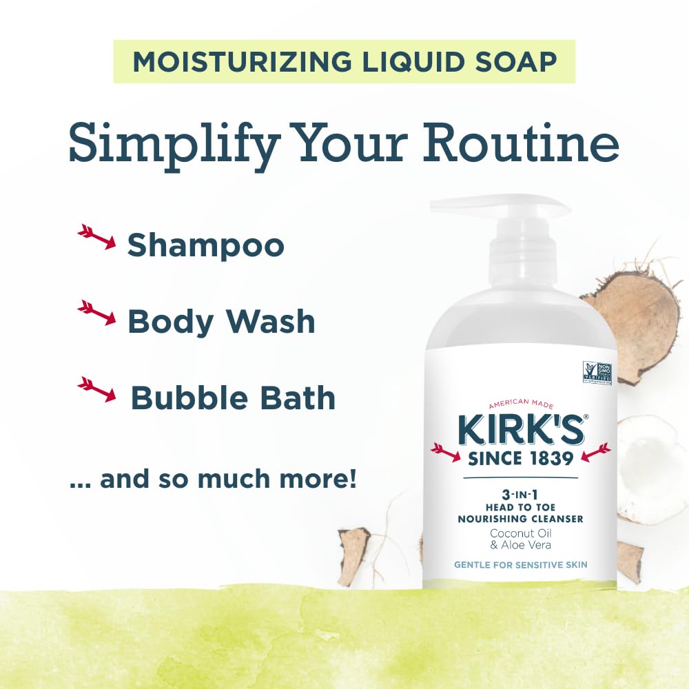 Kirk's 3-in-1 Castile Liquid Soap – Juniper & Lime Scent | Travel Size Bar + 32 oz Pump