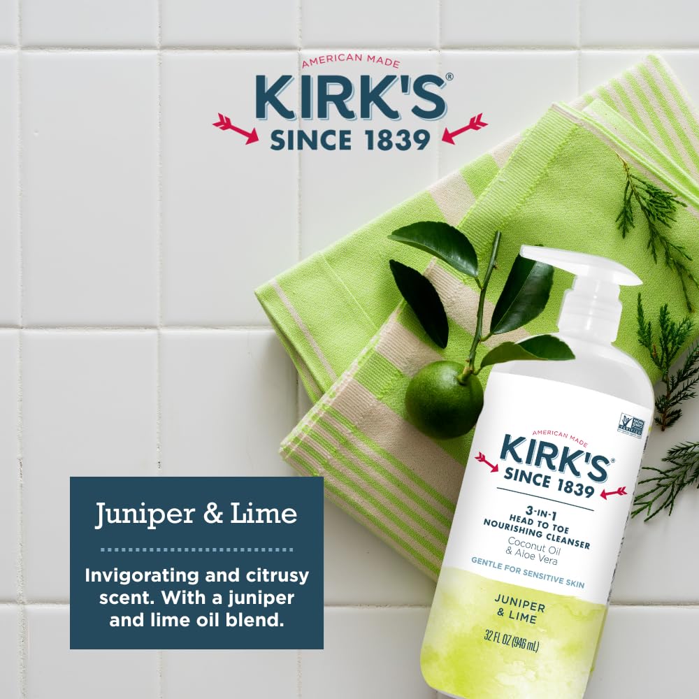 Kirk's 3-in-1 Head to Toe Nourishing Cleanser & Travel Bar Soap – Juniper & Lime (32 oz, 2-pack)