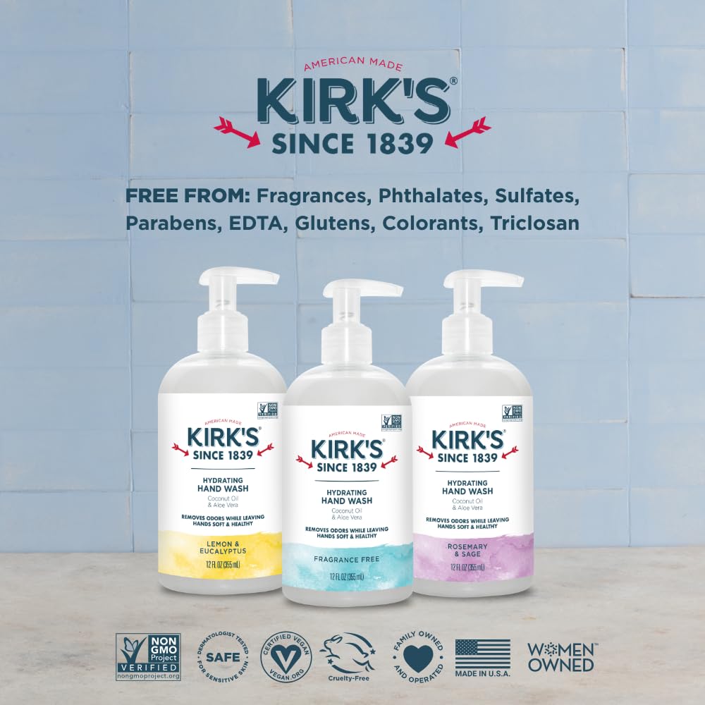 Kirk's Hydrating Hand Wash – Coconut Oil & Aloe Vera, Odor Neutralizing, Fragrance Free, 12 oz (4 Pack)