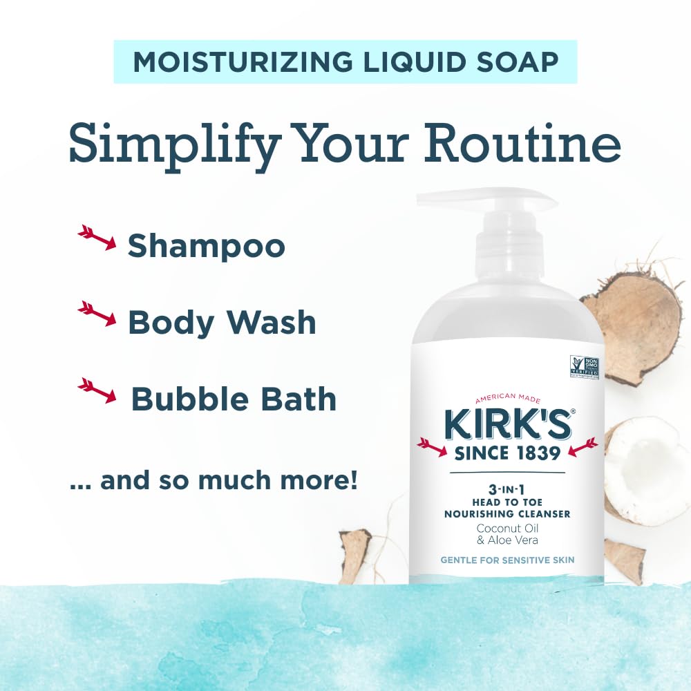 Kirk's 3-in-1 Head to Toe Nourishing Cleanser – Fragrance Free, Coconut Oil & Aloe Vera | 32 Fl Oz