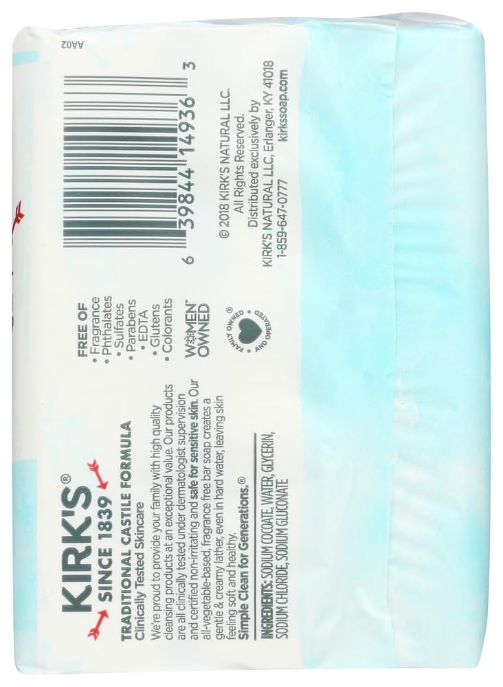Kirk's Coco Castile Fragrance-Free Soap Bar — 4 oz Each, Pack of 4 | Plant-Based, Triple-Milled