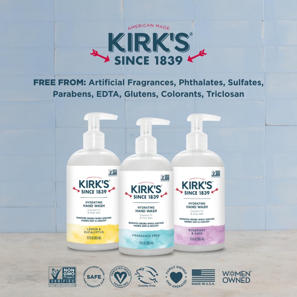 Kirk's Hydrating Hand Wash – Coconut Oil & Aloe, Odor Neutralizing, 12 oz Pump, 4-Pack