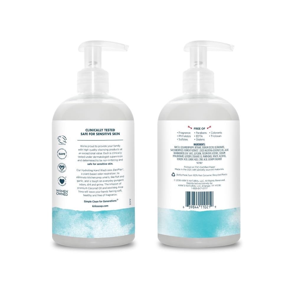 Kirk's Hydrating Hand Wash – Coconut Oil & Aloe Vera, Odor Neutralizing, Fragrance Free, 12 oz (4 Pack)
