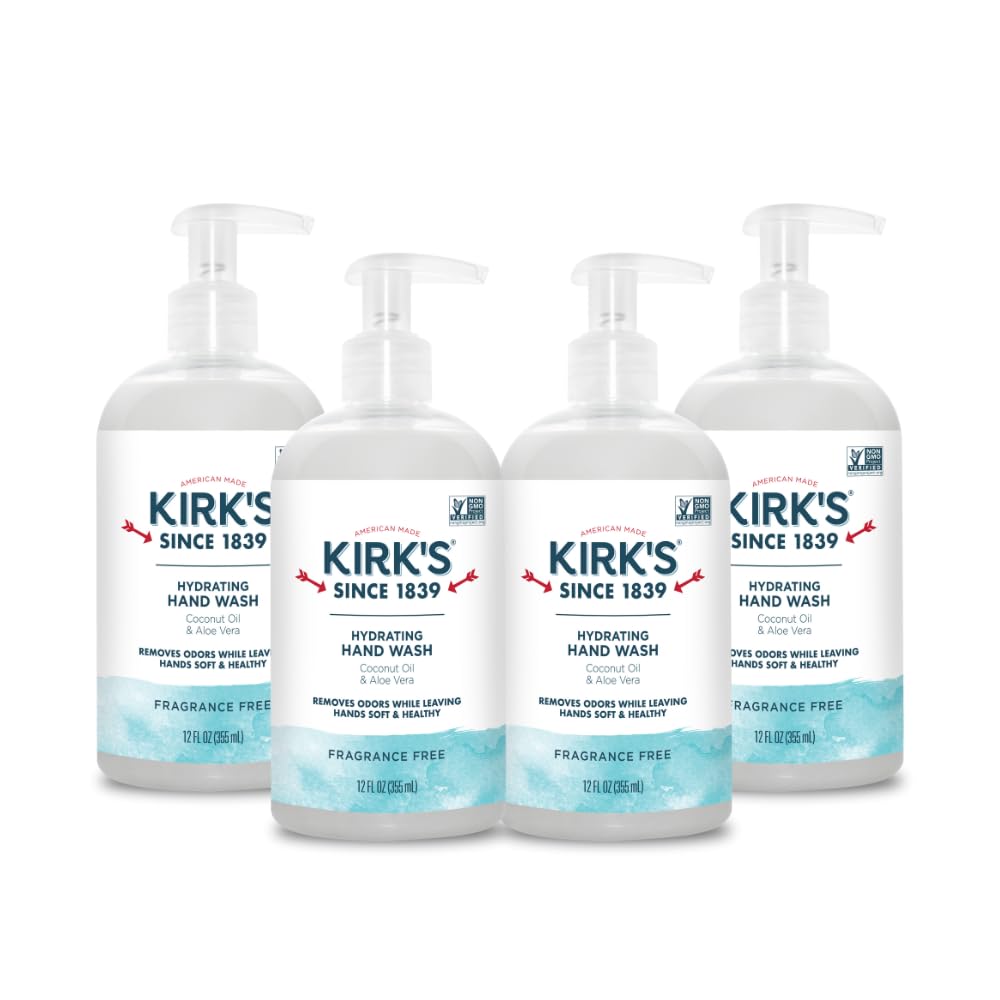 Kirk's Hydrating Hand Wash – Coconut Oil & Aloe Vera, Odor Neutralizing, Fragrance Free, 12 oz (4 Pack)