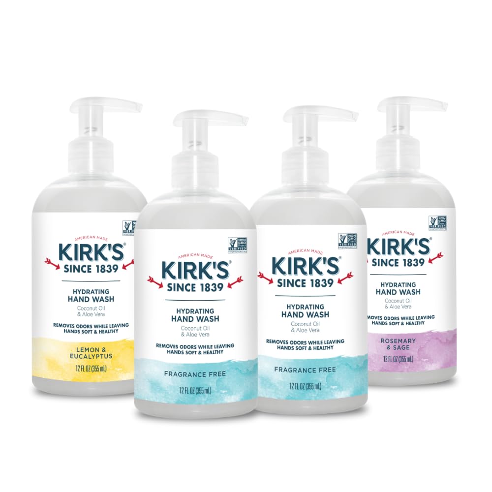 Kirk's Hydrating Hand Wash – Coconut Oil & Aloe, Odor Neutralizing, 12 oz Pump, 4-Pack