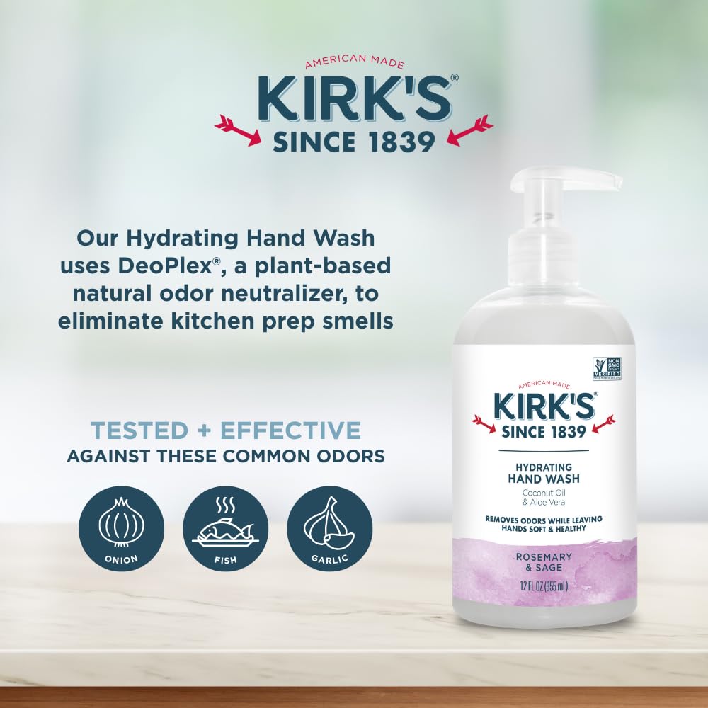Kirk's Hydrating Hand Wash – Coconut Oil & Aloe, Odor Neutralizing, 12 oz Pump, 4-Pack