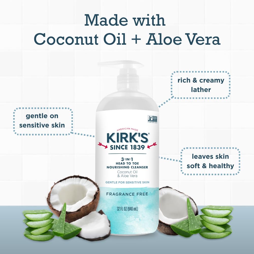 Kirk's 3-in-1 Head to Toe Nourishing Cleanser – Fragrance Free, Coconut Oil & Aloe Vera | 32 Fl Oz