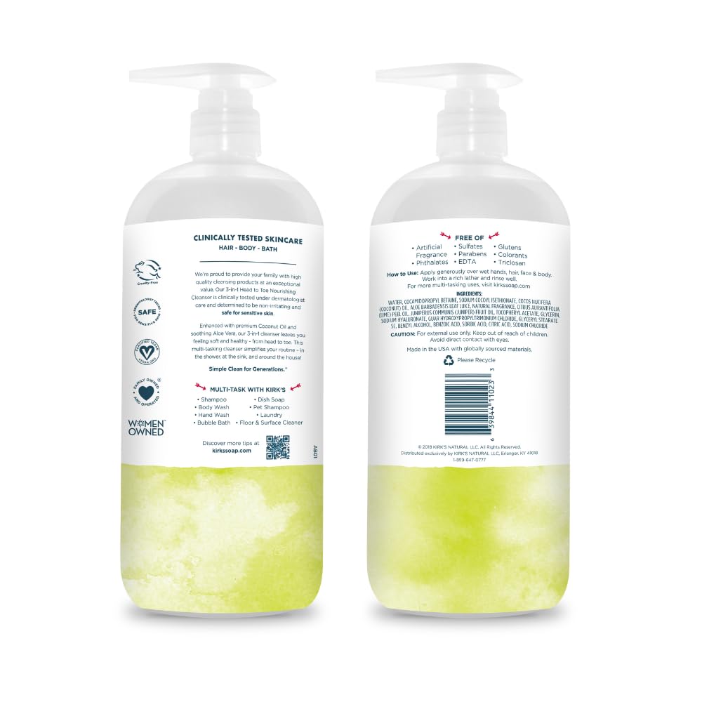 Kirk's 3-in-1 Castile Liquid Soap – Juniper & Lime Scent | Travel Size Bar + 32 oz Pump
