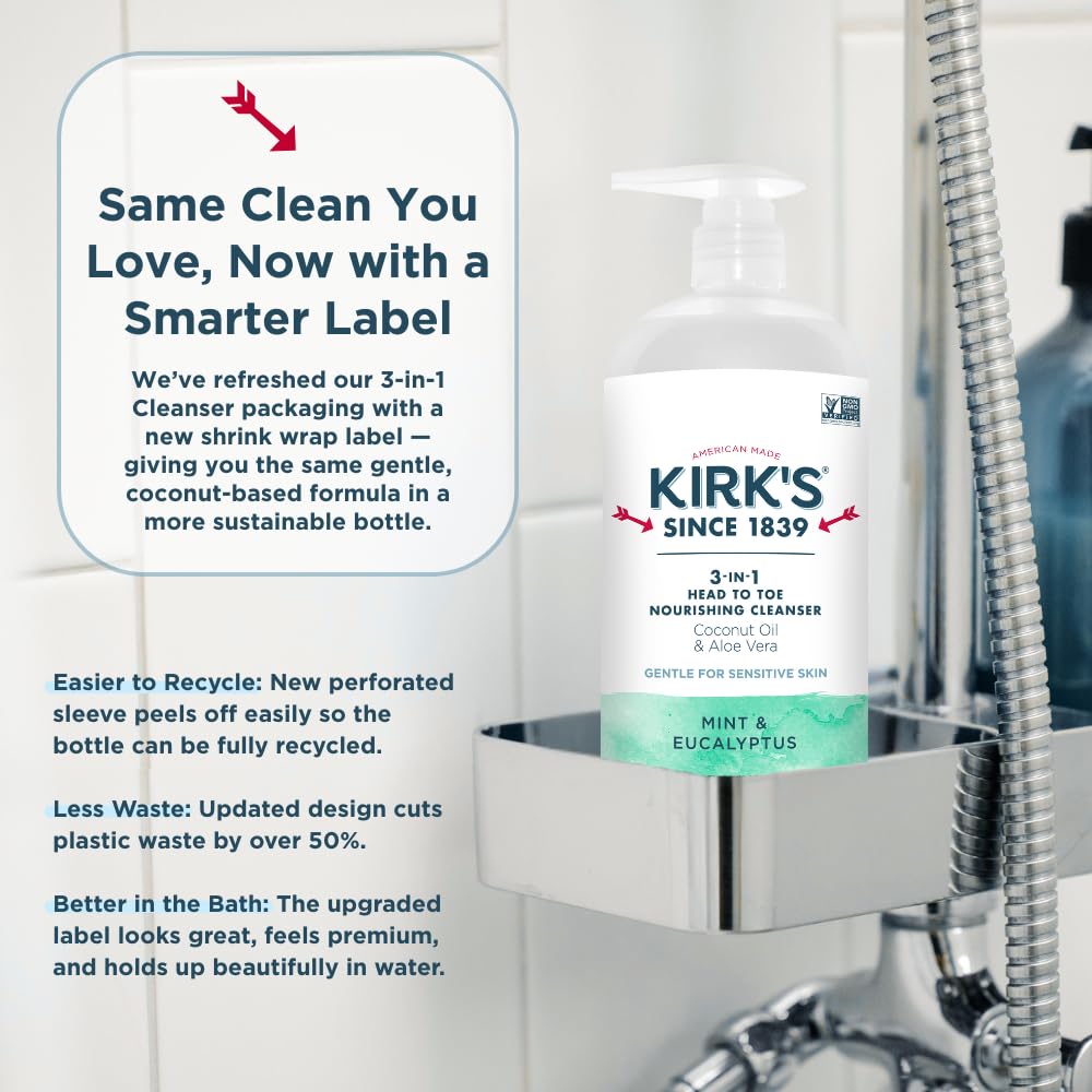 Kirks 3-in-1 Head to Toe Nourishing Cleanser & Bar Soap – Mint & Eucalyptus, Coconut Oil, Aloe, 32 oz (2-Pack)