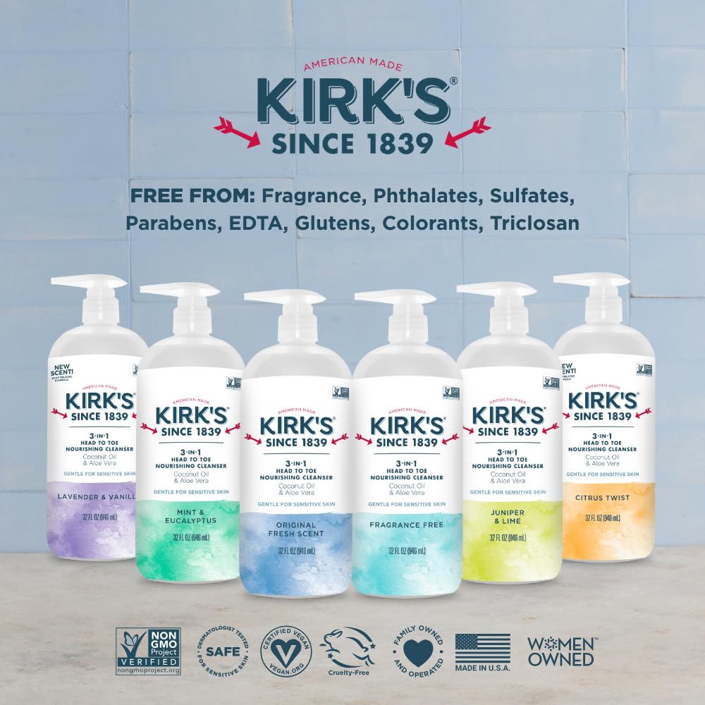 Kirk's 3-in-1 Head to Toe Nourishing Cleanser – Fragrance Free, Coconut Oil & Aloe Vera | 32 Fl Oz