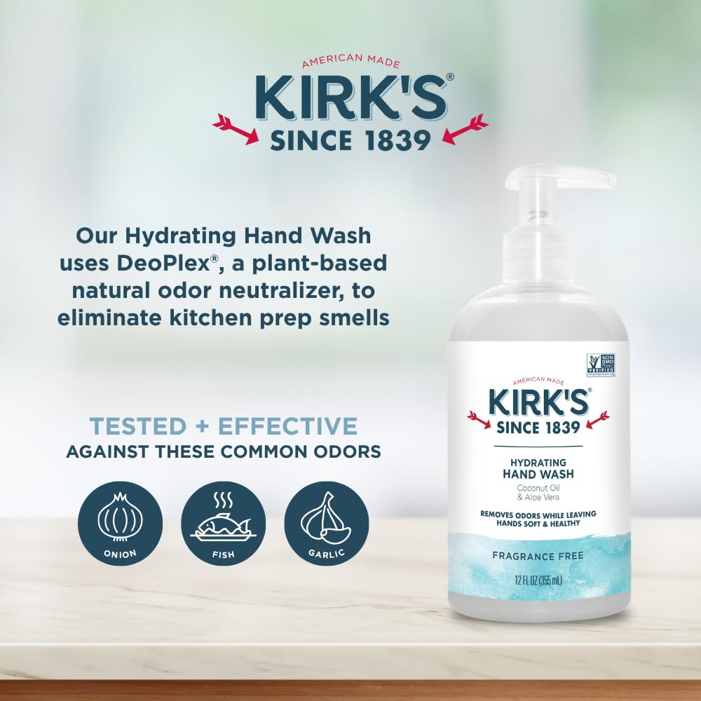 Kirk's Hydrating Hand Wash – Coconut Oil & Aloe Vera, Odor Neutralizing, Fragrance Free, 12 oz (4 Pack)