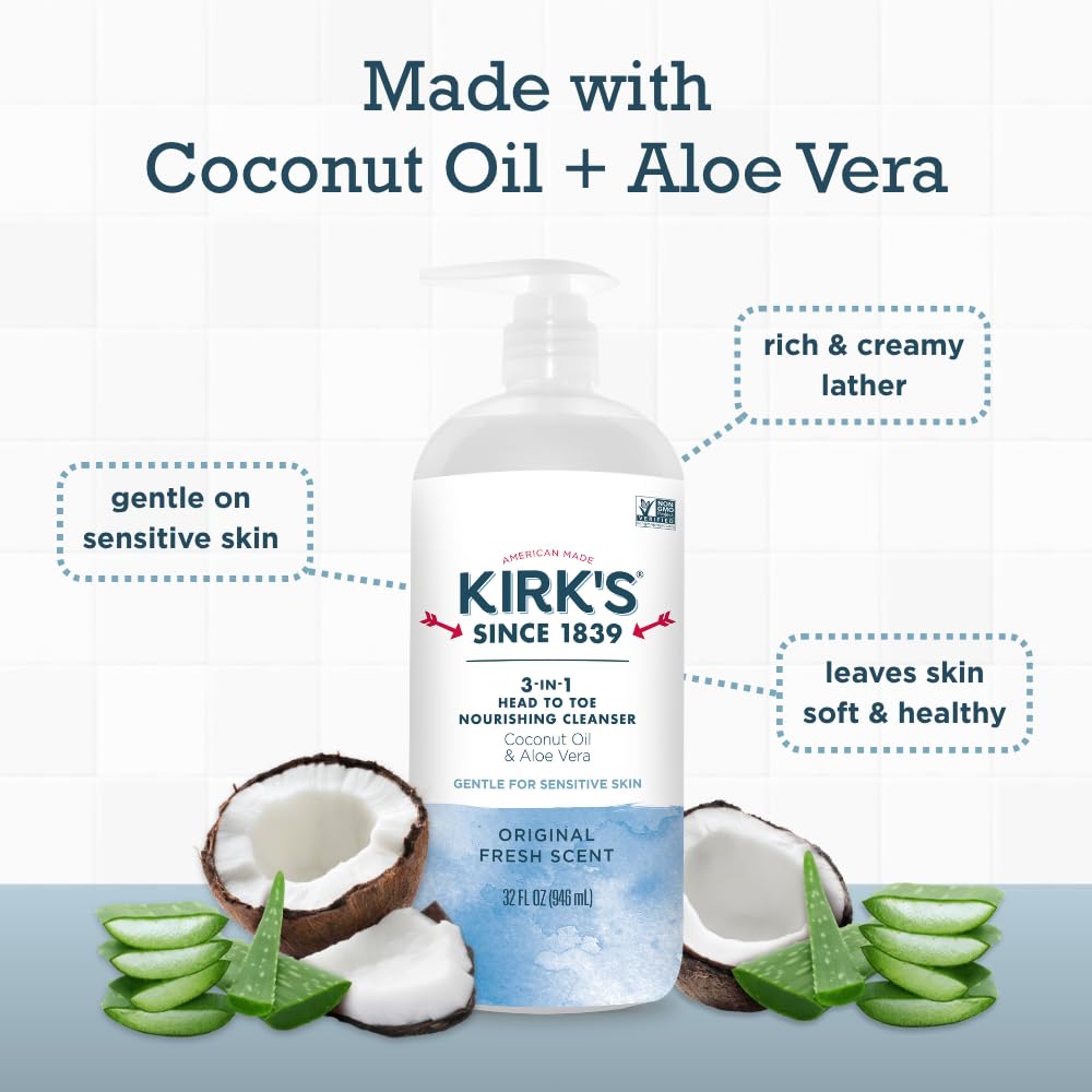 Kirk's 3-in-1 Head to Toe Nourishing Cleanser – Coconut Oil & Aloe Vera, 32 oz