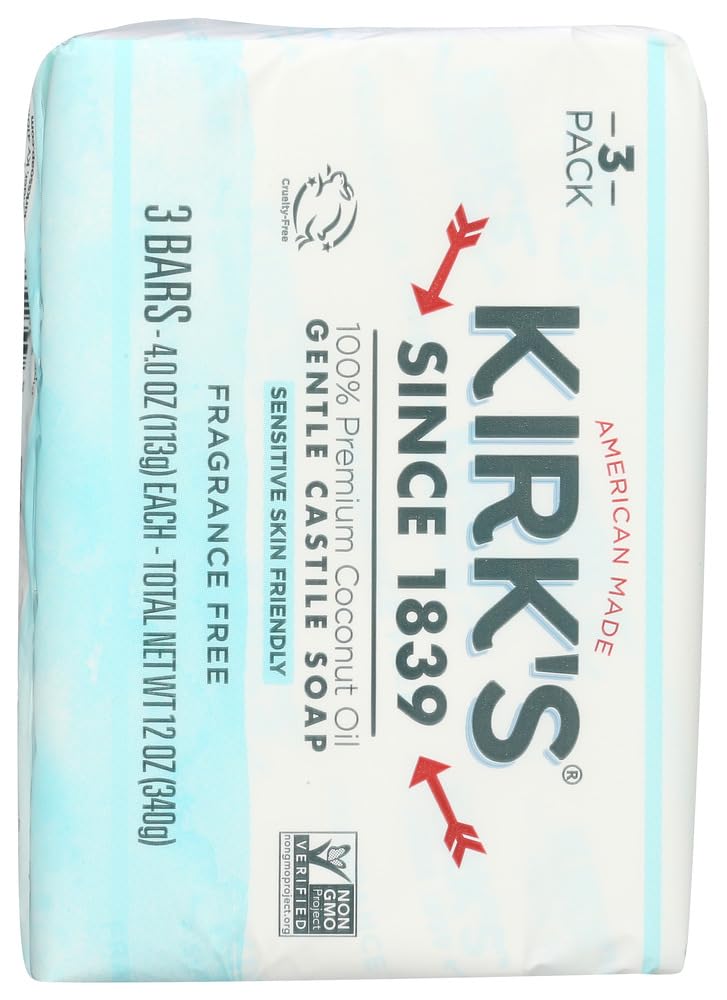 Kirk's Coco Castile Fragrance-Free Soap Bar — 4 oz Each, Pack of 4 | Plant-Based, Triple-Milled