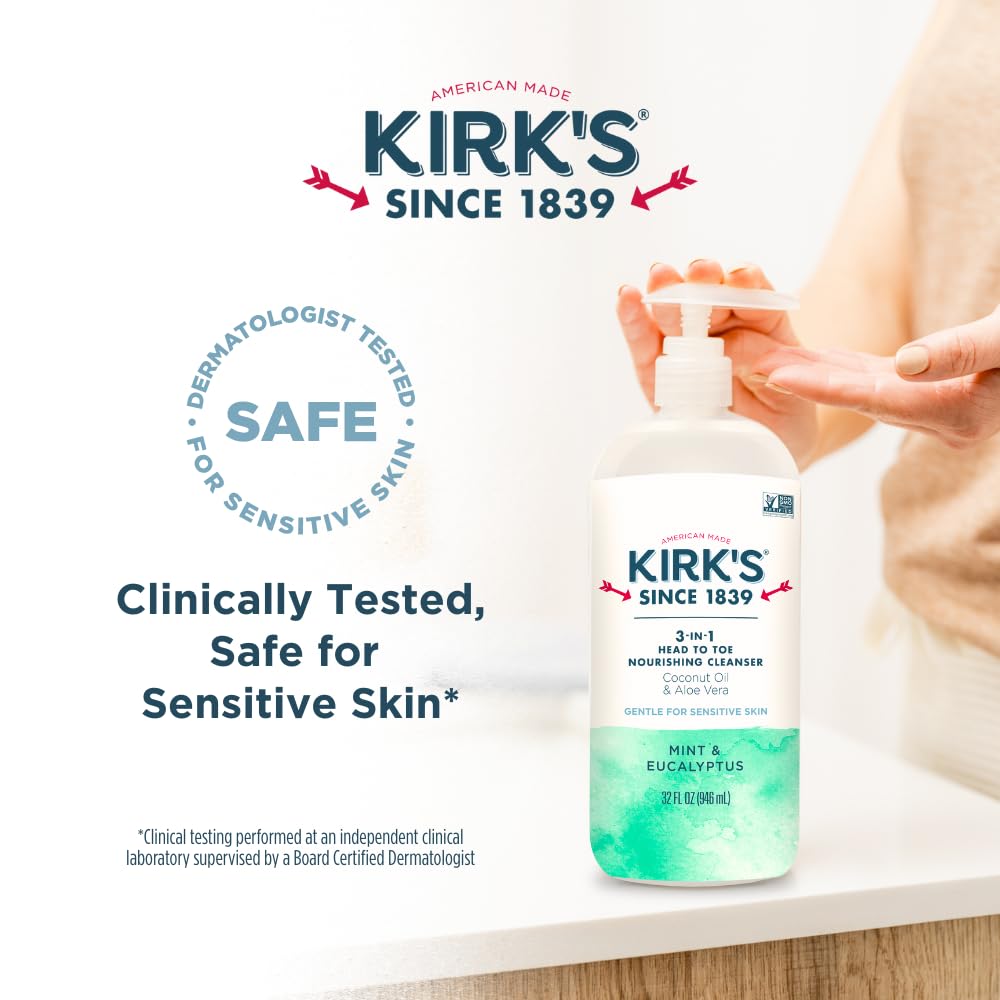 Kirks 3-in-1 Head to Toe Nourishing Cleanser & Bar Soap – Mint & Eucalyptus, Coconut Oil, Aloe, 32 oz (2-Pack)