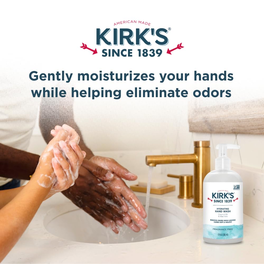 Kirk's Hydrating Hand Wash – Coconut Oil & Aloe, Odor Neutralizing, 12 oz Pump, 4-Pack