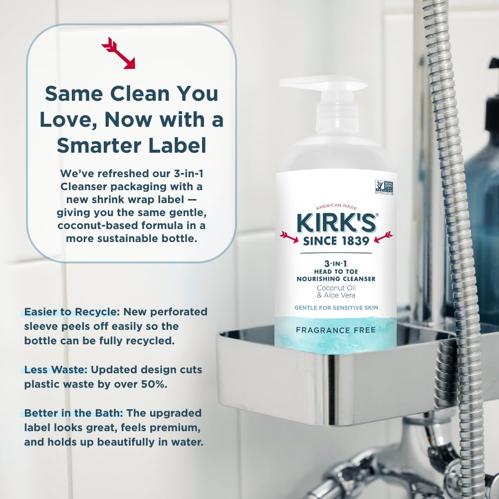 Kirk's 3-in-1 Head to Toe Nourishing Cleanser – Fragrance Free, Coconut Oil & Aloe Vera | 32 Fl Oz