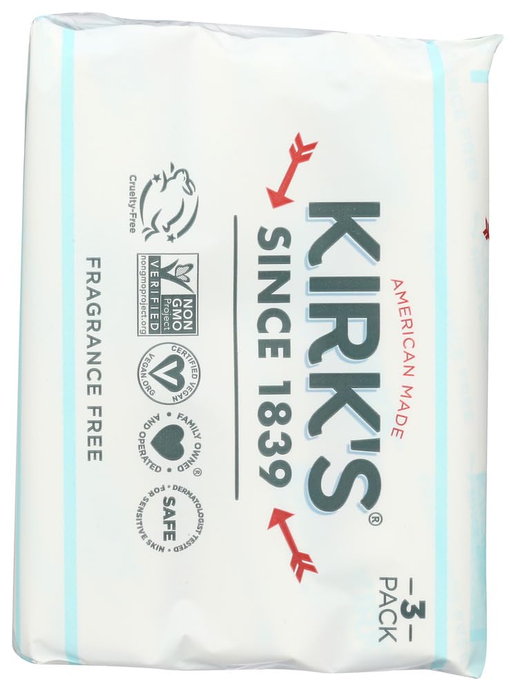 Kirk's Coco Castile Fragrance-Free Soap Bar — 4 oz Each, Pack of 4 | Plant-Based, Triple-Milled
