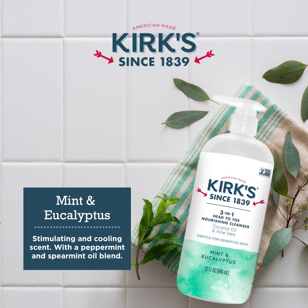 Kirks 3-in-1 Head to Toe Nourishing Cleanser & Bar Soap – Mint & Eucalyptus, Coconut Oil, Aloe, 32 oz (2-Pack)