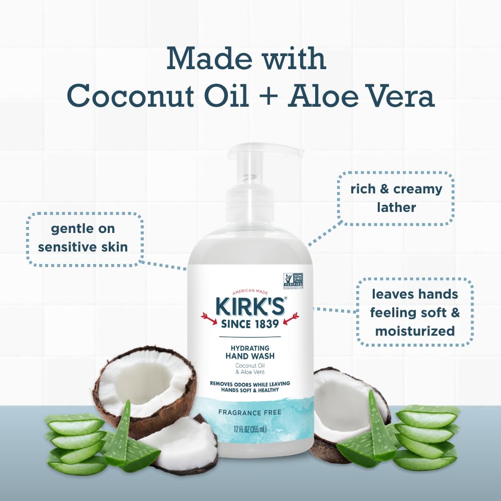 Kirk's Hydrating Hand Wash – Coconut Oil & Aloe Vera, Odor Neutralizing, Fragrance Free, 12 oz (4 Pack)