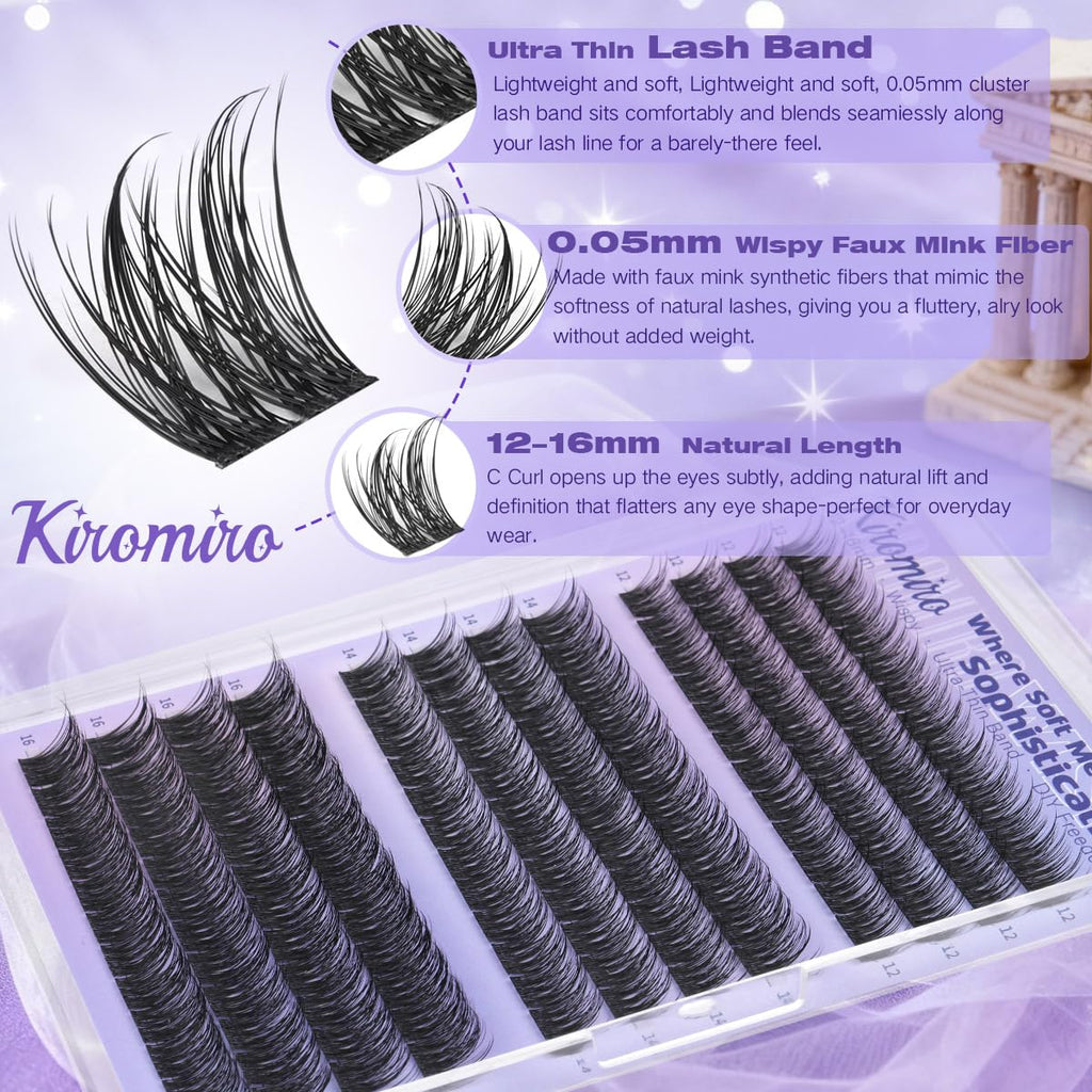 Kiromiro Natural Lash Clusters Kit 12–16mm C Curl | DIY Wispy Lashes with Bond & Seal & Tweezers