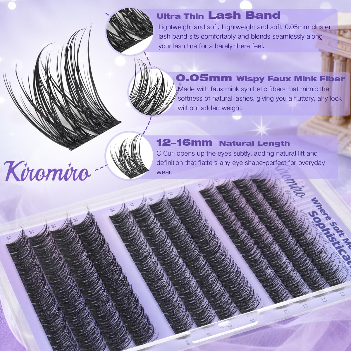 Kiromiro Natural Lash Clusters Kit 12–16mm C Curl | DIY Wispy Lashes with Bond & Seal & Tweezers