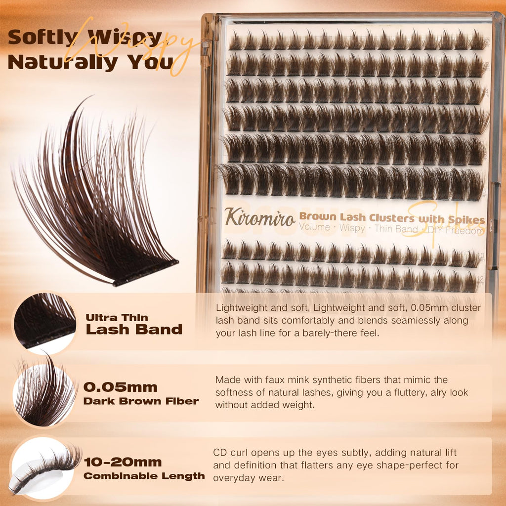 Kiromiro Brown Lash Clusters with Spikes – DIY 10-20mm Wispy Lashes, 204pcs