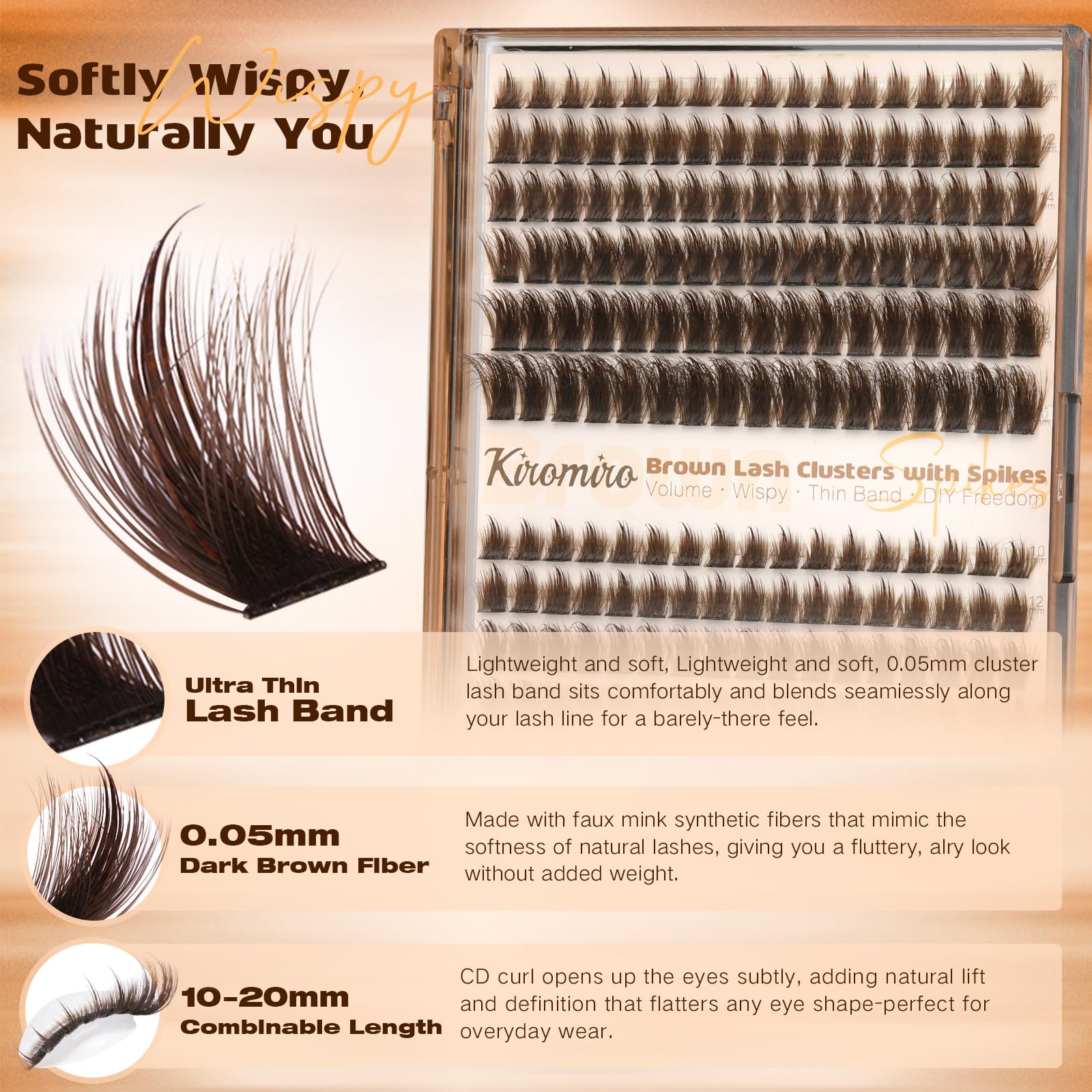 Kiromiro Brown Lash Clusters with Spikes – DIY 10-20mm Wispy Lashes, 204pcs