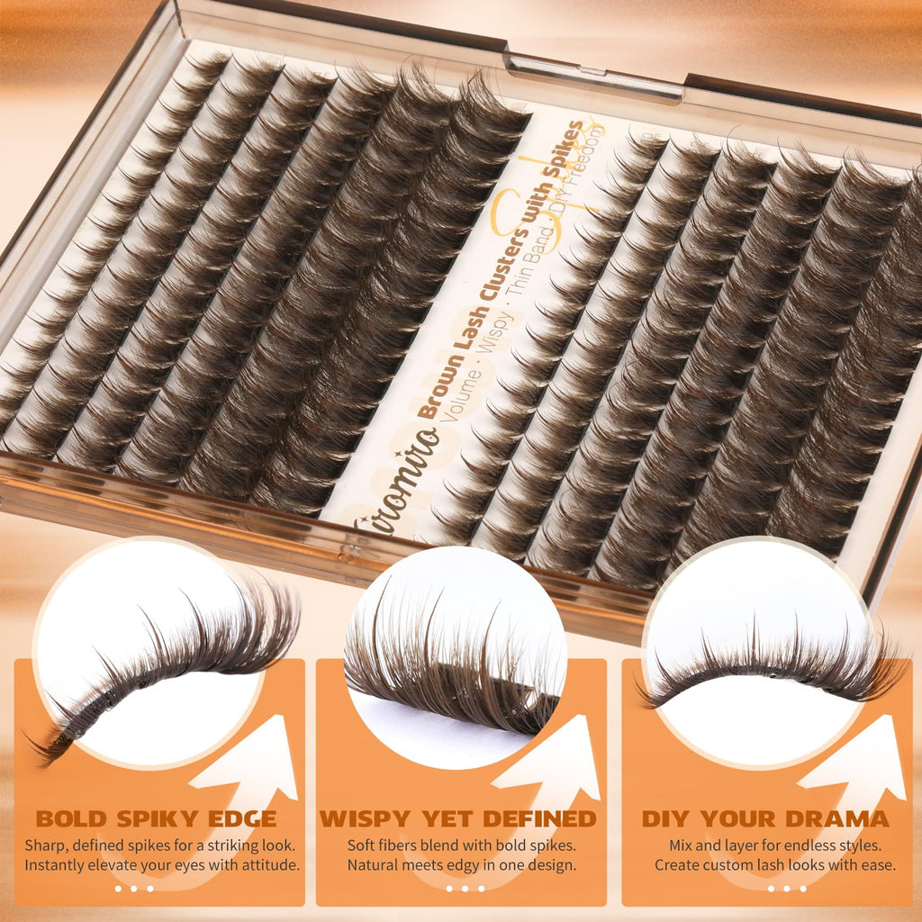 Kiromiro Brown Lash Clusters with Spikes – DIY 10-20mm Wispy Lashes, 204pcs