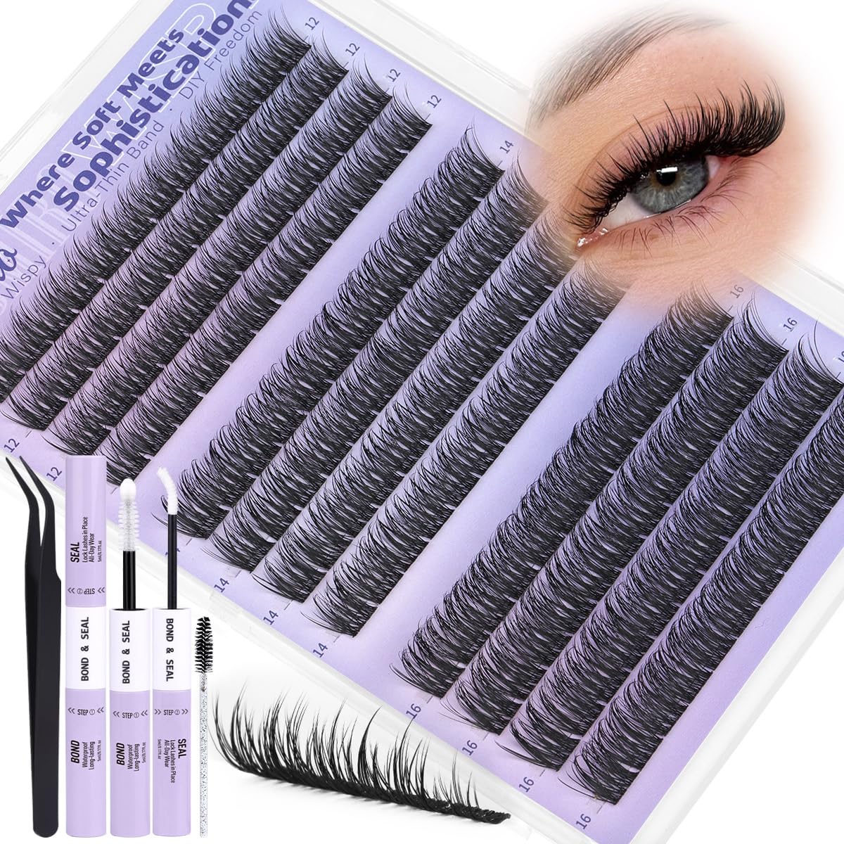 Kiromiro Natural Lash Clusters Kit 12–16mm C Curl | DIY Wispy Lashes with Bond & Seal & Tweezers