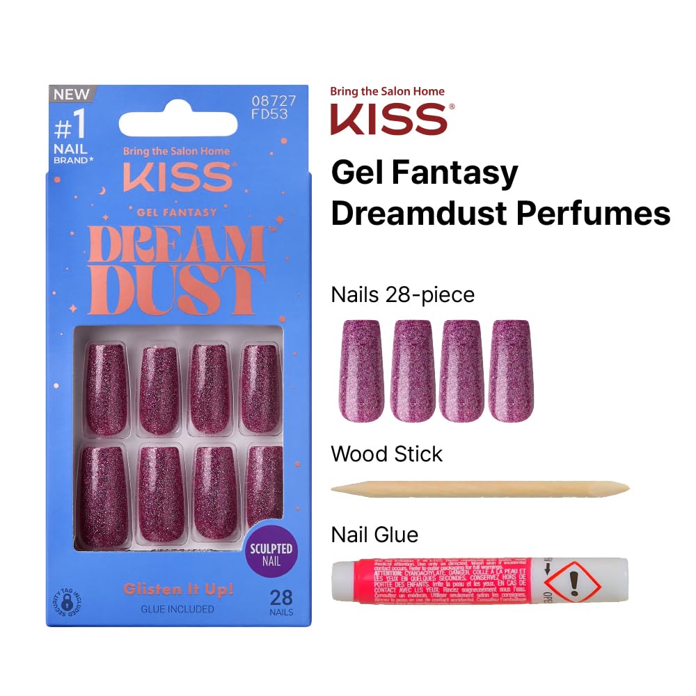 KISS Dreamdust False Nails Kit – Ready-to-Wear Gel Sculpted Nails with Glue & Stick