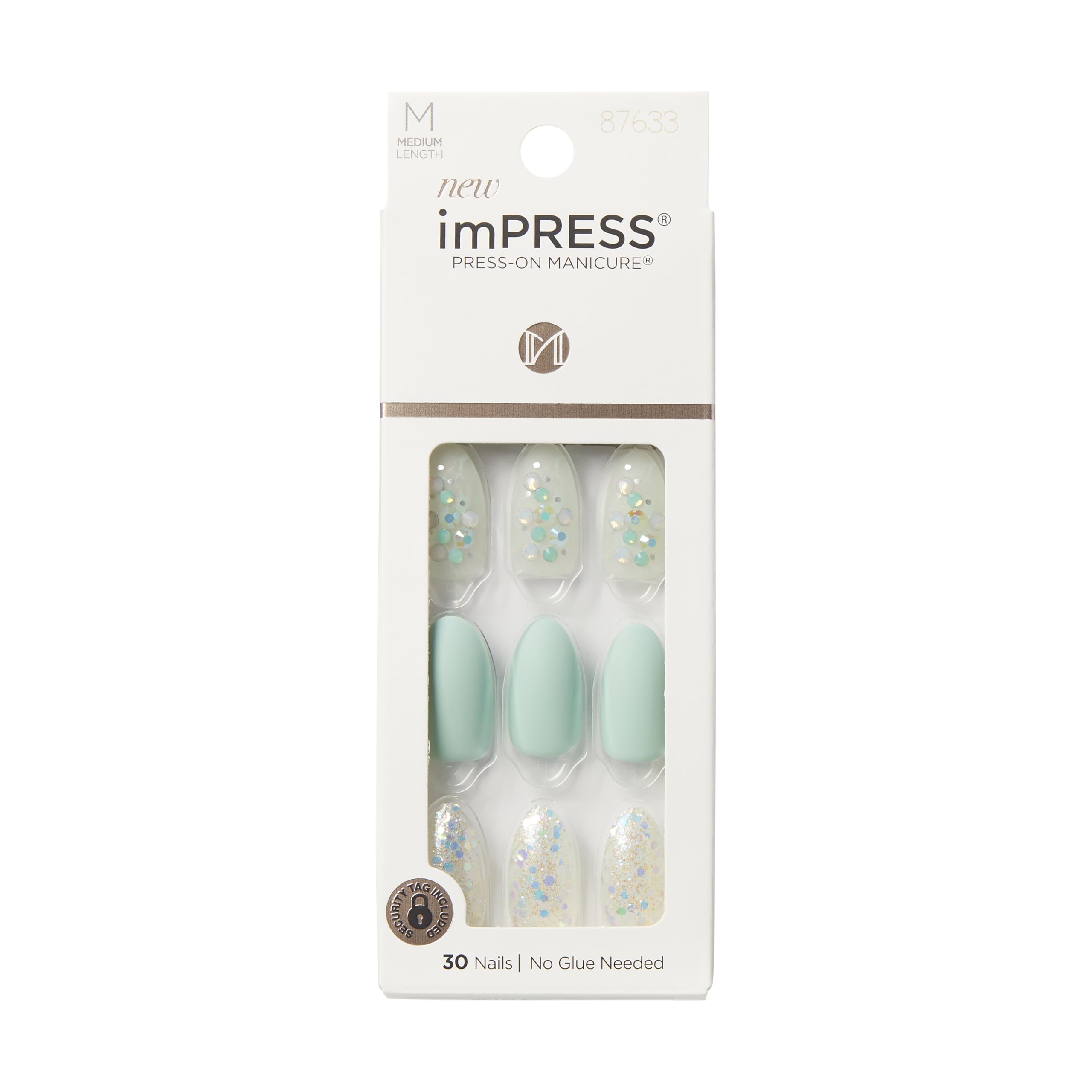 KISS imPRESS Press-On Manicure: Evergreen Mint Glitter, Medium Almond Nails, No Glue