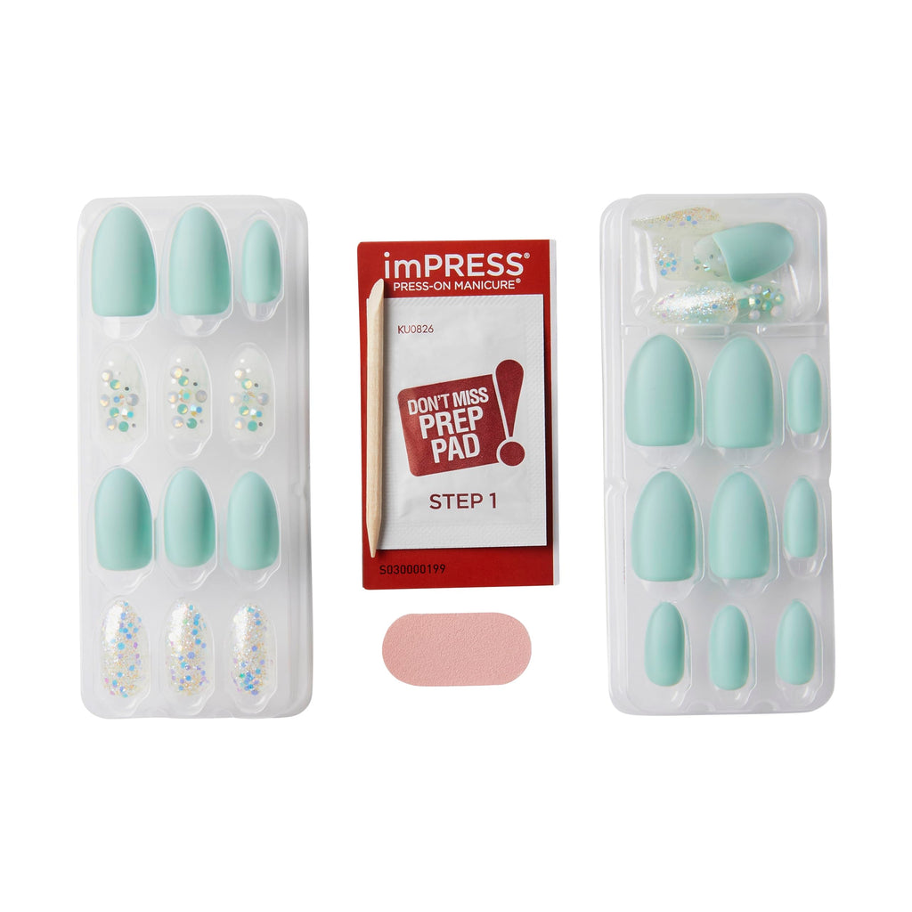 KISS imPRESS Press-On Manicure: Evergreen Mint Glitter, Medium Almond Nails, No Glue