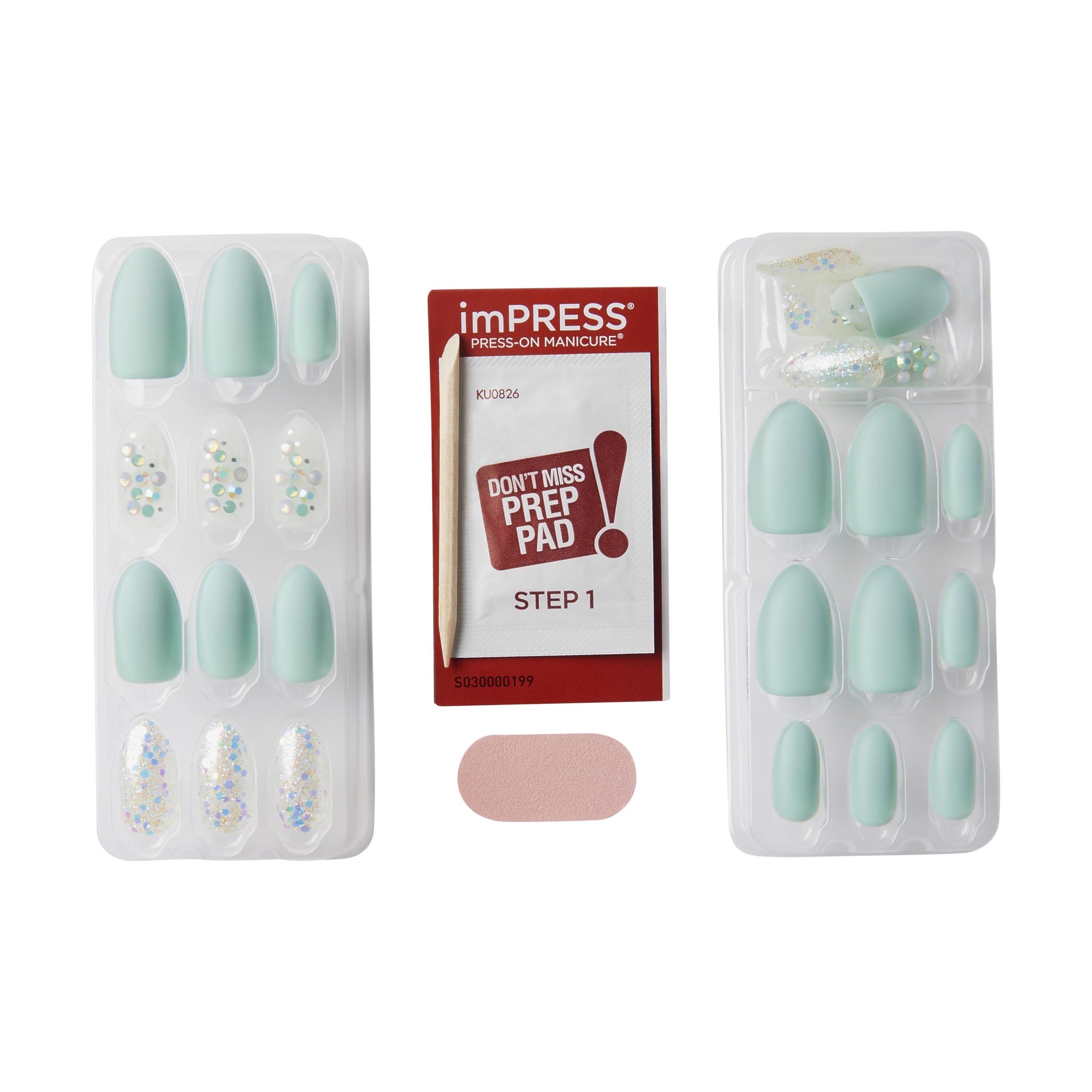 KISS imPRESS Press-On Manicure: Evergreen Mint Glitter, Medium Almond Nails, No Glue