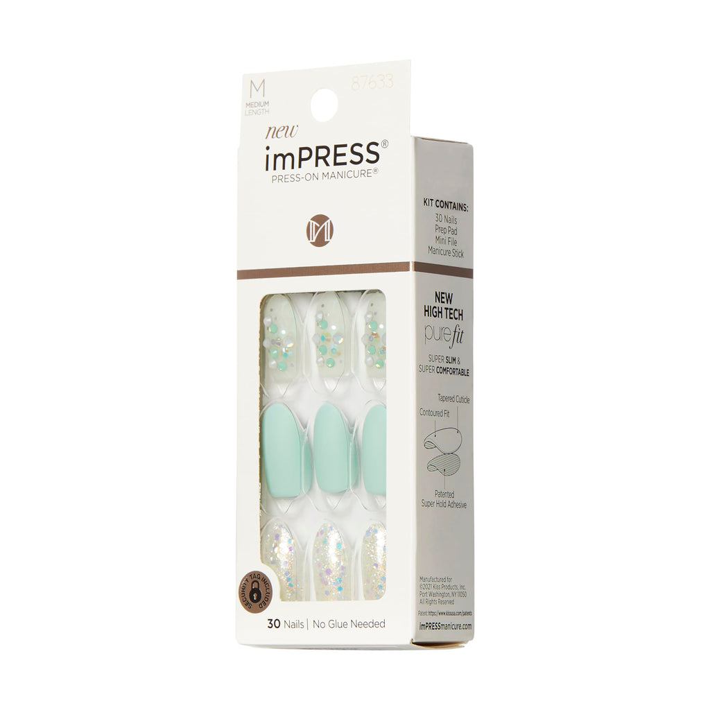 KISS imPRESS Press-On Manicure: Evergreen Mint Glitter, Medium Almond Nails, No Glue