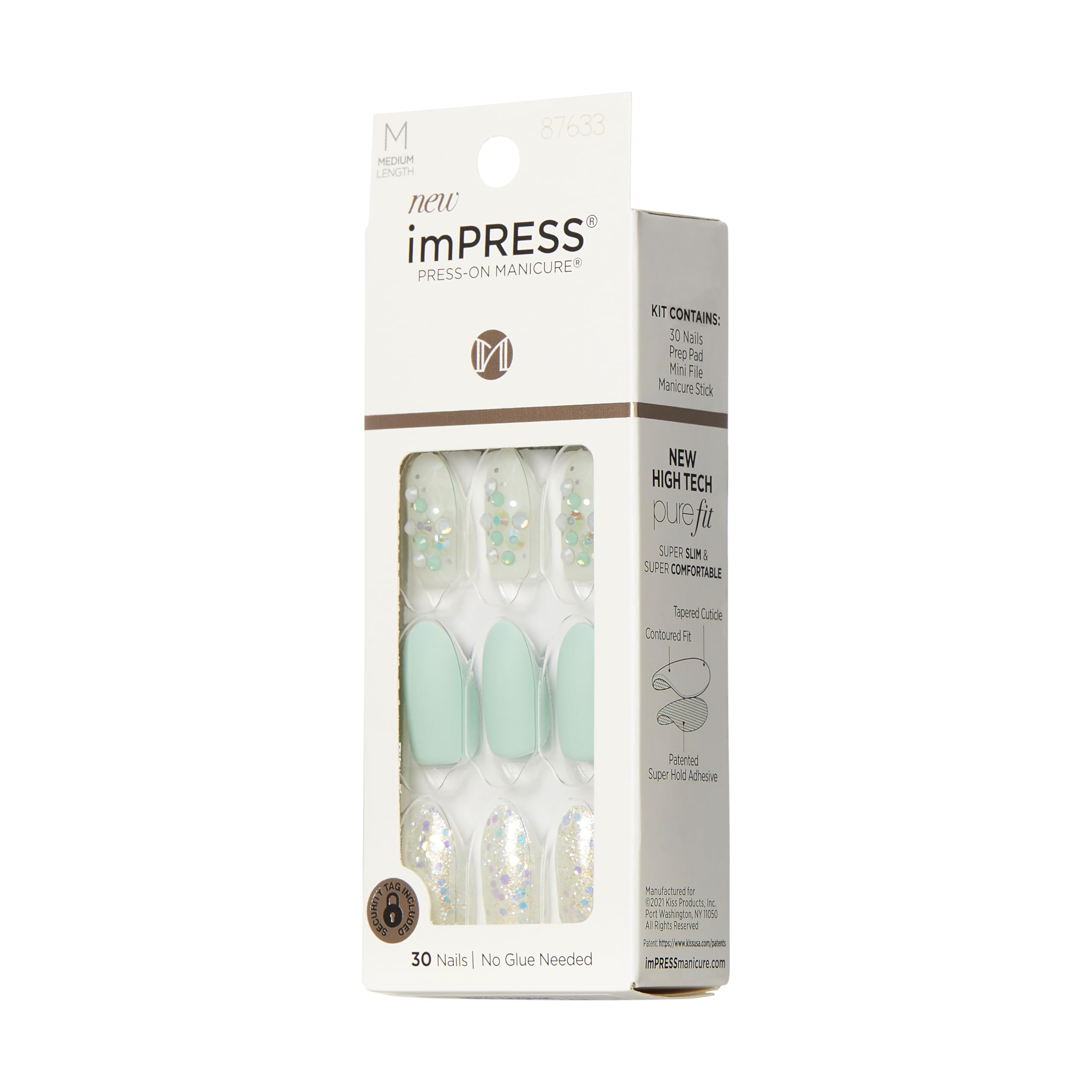 KISS imPRESS Press-On Manicure: Evergreen Mint Glitter, Medium Almond Nails, No Glue