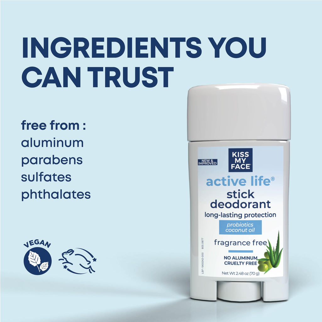 Kiss My Face Active Life Deodorant – Aluminum-Free, Fragrance-Free with Probiotics & Coconut Oil | 72 Hour Odor Control, 3-Pack