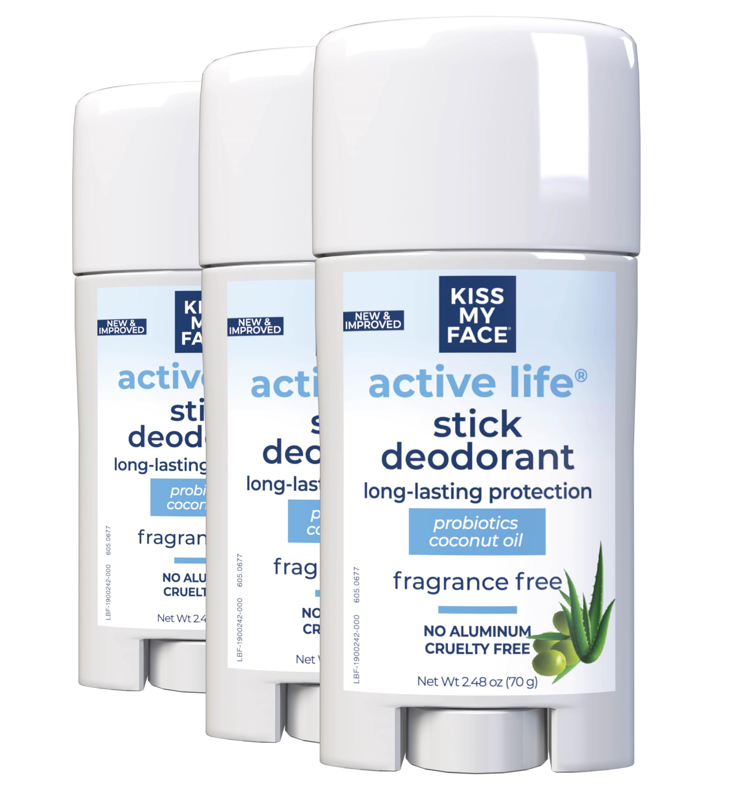 Kiss My Face Active Life Deodorant – Aluminum-Free, Fragrance-Free with Probiotics & Coconut Oil | 72 Hour Odor Control, 3-Pack