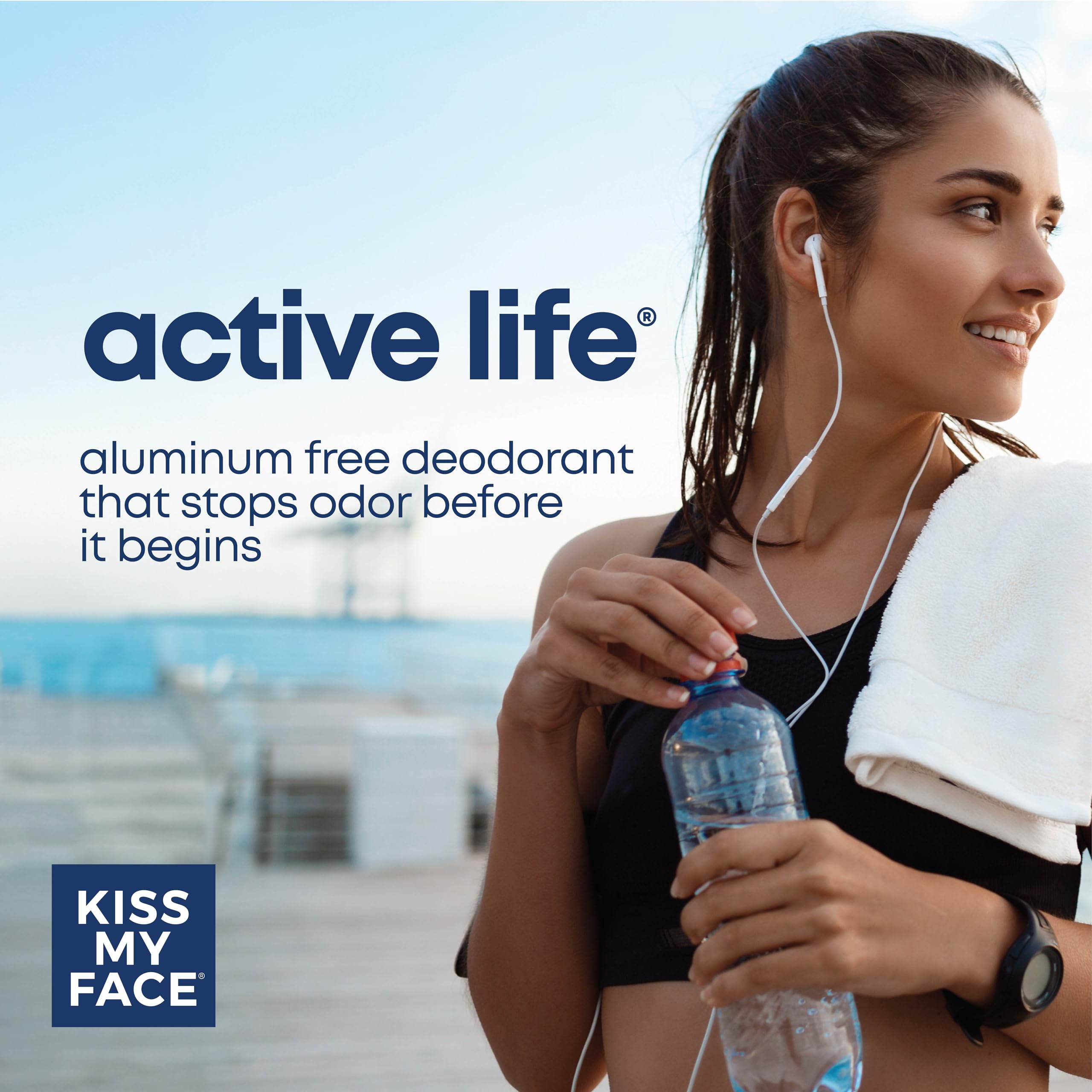 Kiss My Face Active Life Deodorant – Aluminum-Free, Fragrance-Free with Probiotics & Coconut Oil | 72 Hour Odor Control, 3-Pack