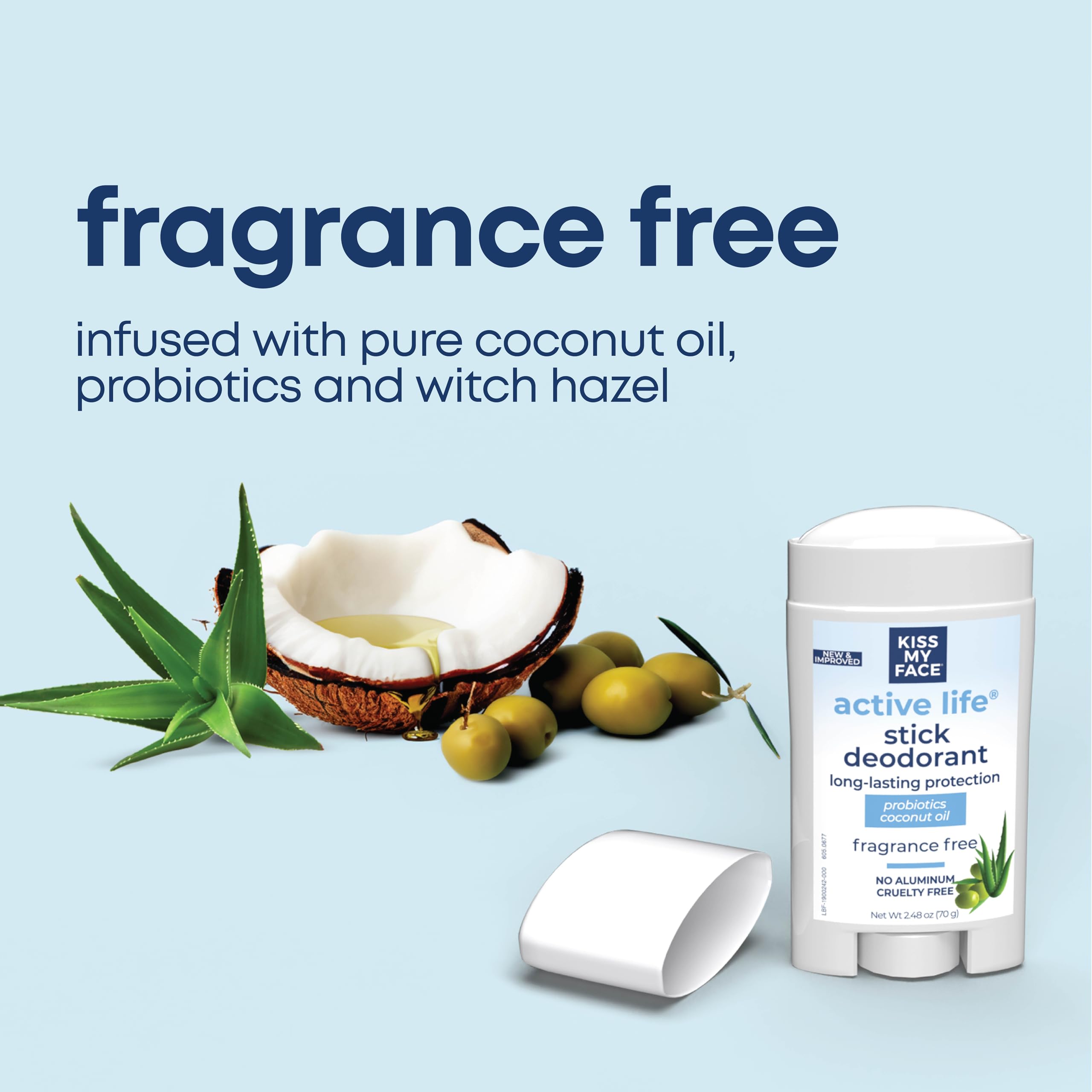 Kiss My Face Active Life Deodorant – Aluminum-Free, Fragrance-Free with Probiotics & Coconut Oil | 72 Hour Odor Control, 3-Pack