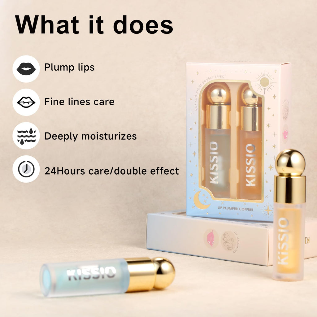 KISSIO Plumping Lip Gloss Set – Day & Night Lip Care with Ginger, Peppermint & Jojoba Oil