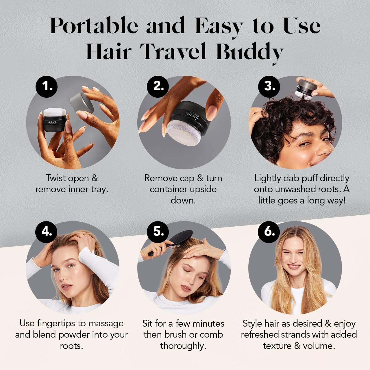 Kitsch Dry Shampoo Powder for Dark Hair – Unscented, Volumizing 8g Travel Size | No White Cast