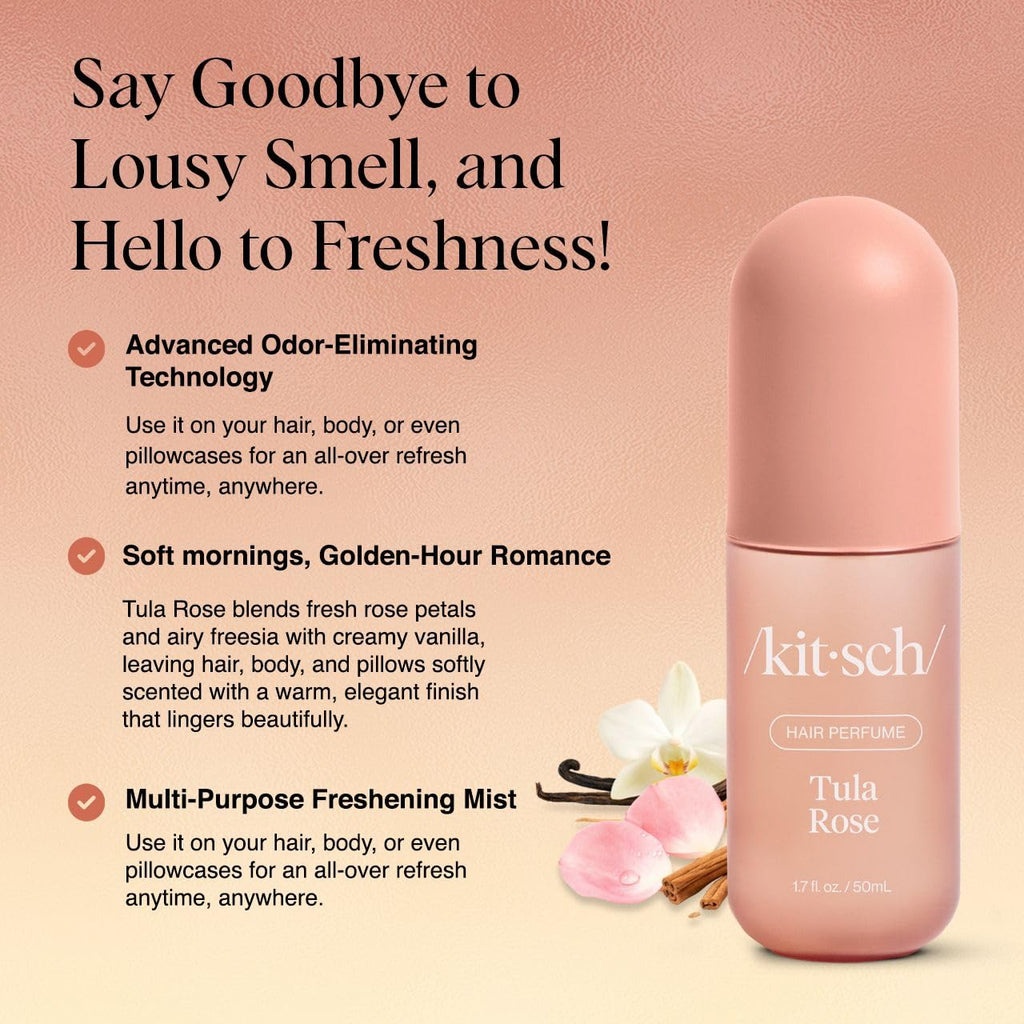Kitsch Hair Perfume for Women – Tula Rose, Odor-Eliminating Hair & Body Mist, Floral Vanilla, 50mL