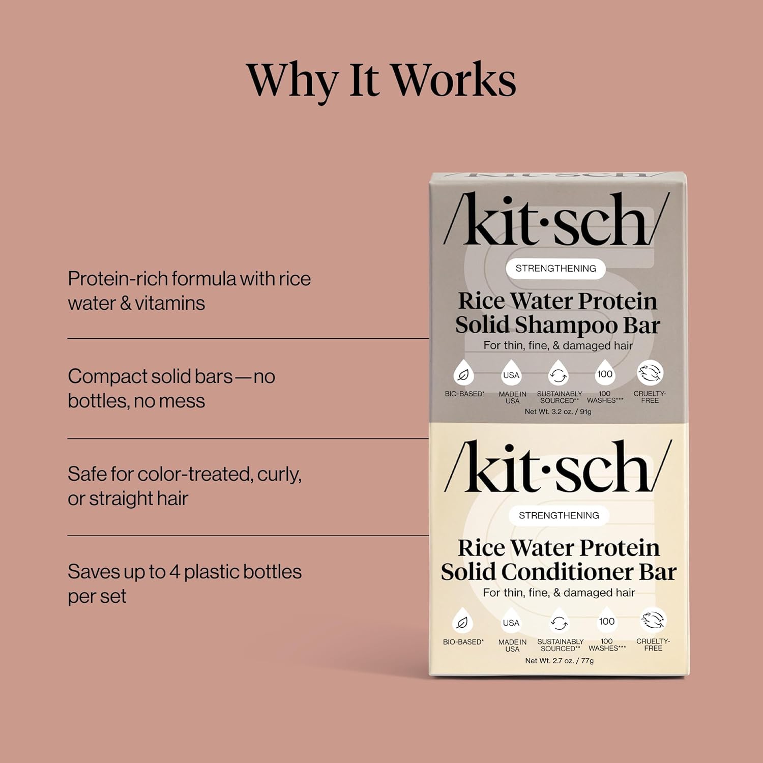 Kitsch Rice Water Shampoo & Conditioner Bar Set – Solid Hair Growth & Strength, 2 Pack