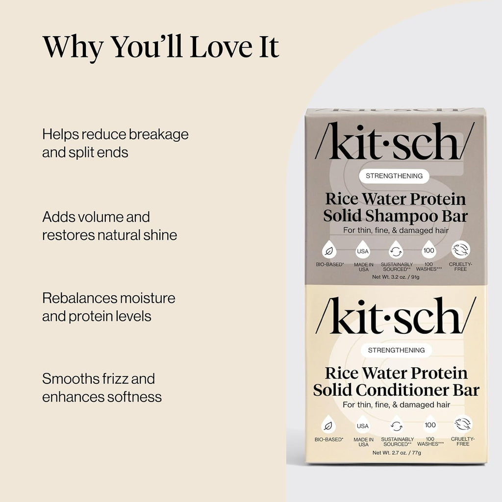 Kitsch Rice Water Shampoo & Conditioner Bar Set – Solid Hair Growth & Strength, 2 Pack