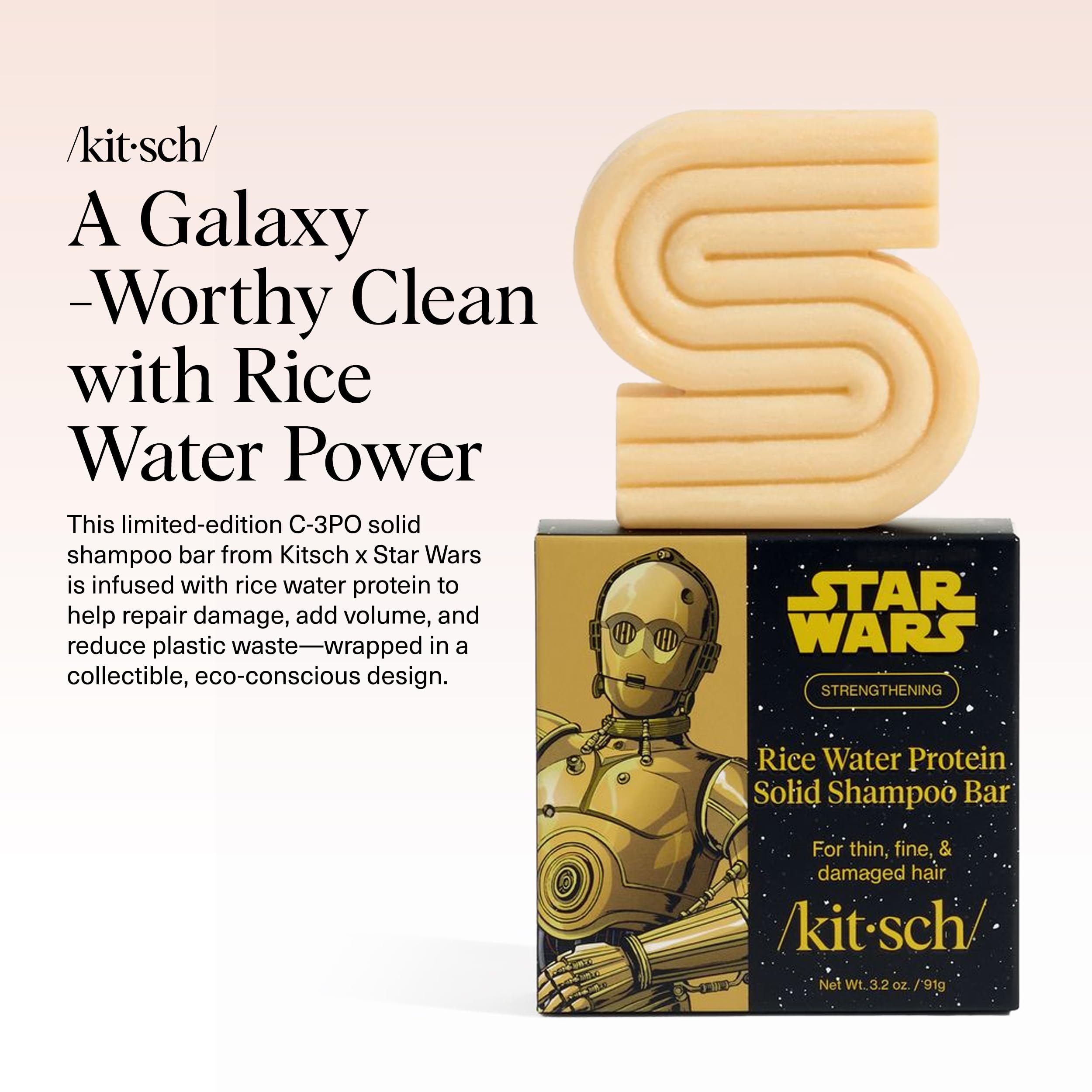 Kitsch Rice Water Protein Shampoo Bar with C-3PO Design – Strengthening, Vegan, Paraben/Sulfate-Free (3.2 oz)