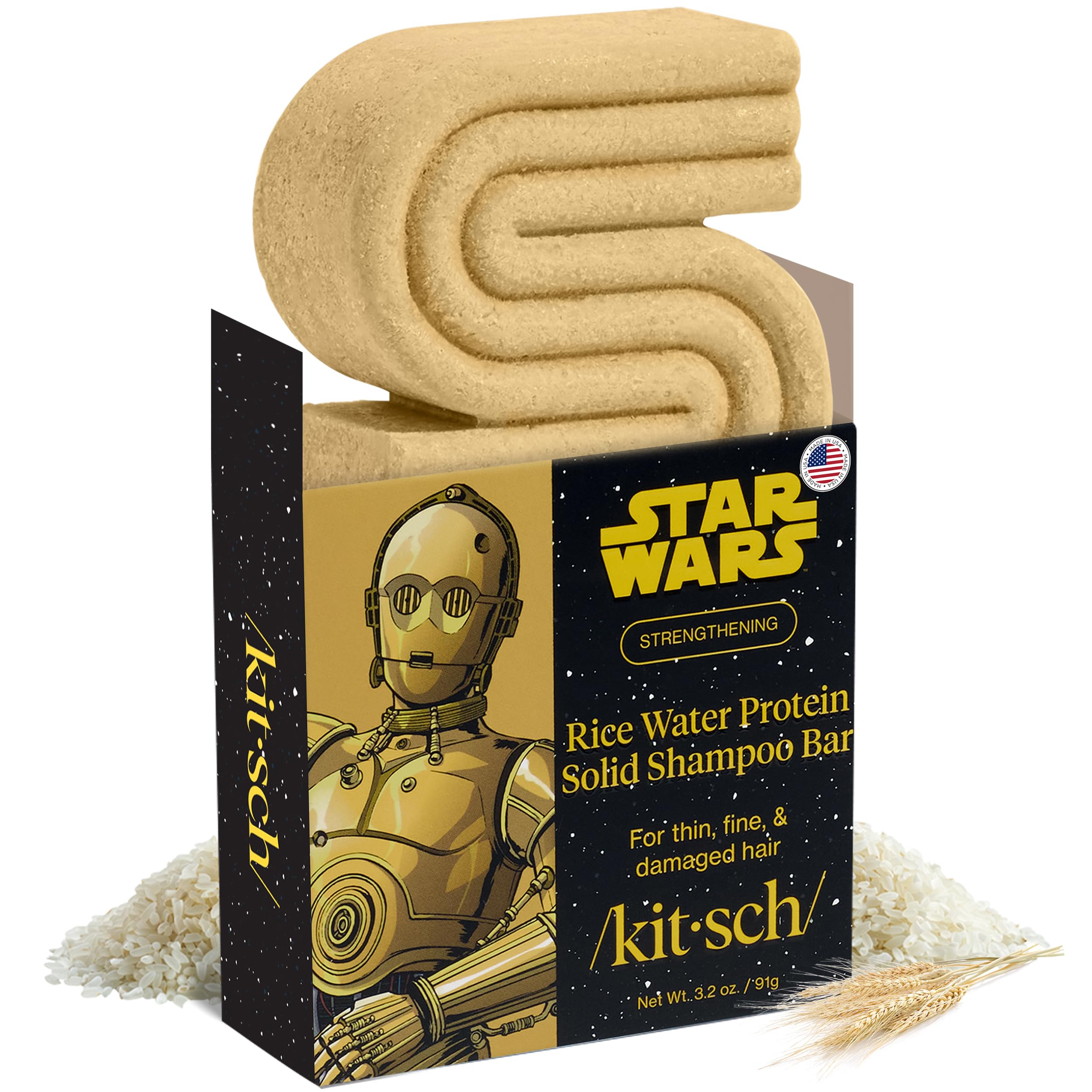 Kitsch Rice Water Protein Shampoo Bar with C-3PO Design – Strengthening, Vegan, Paraben/Sulfate-Free (3.2 oz)