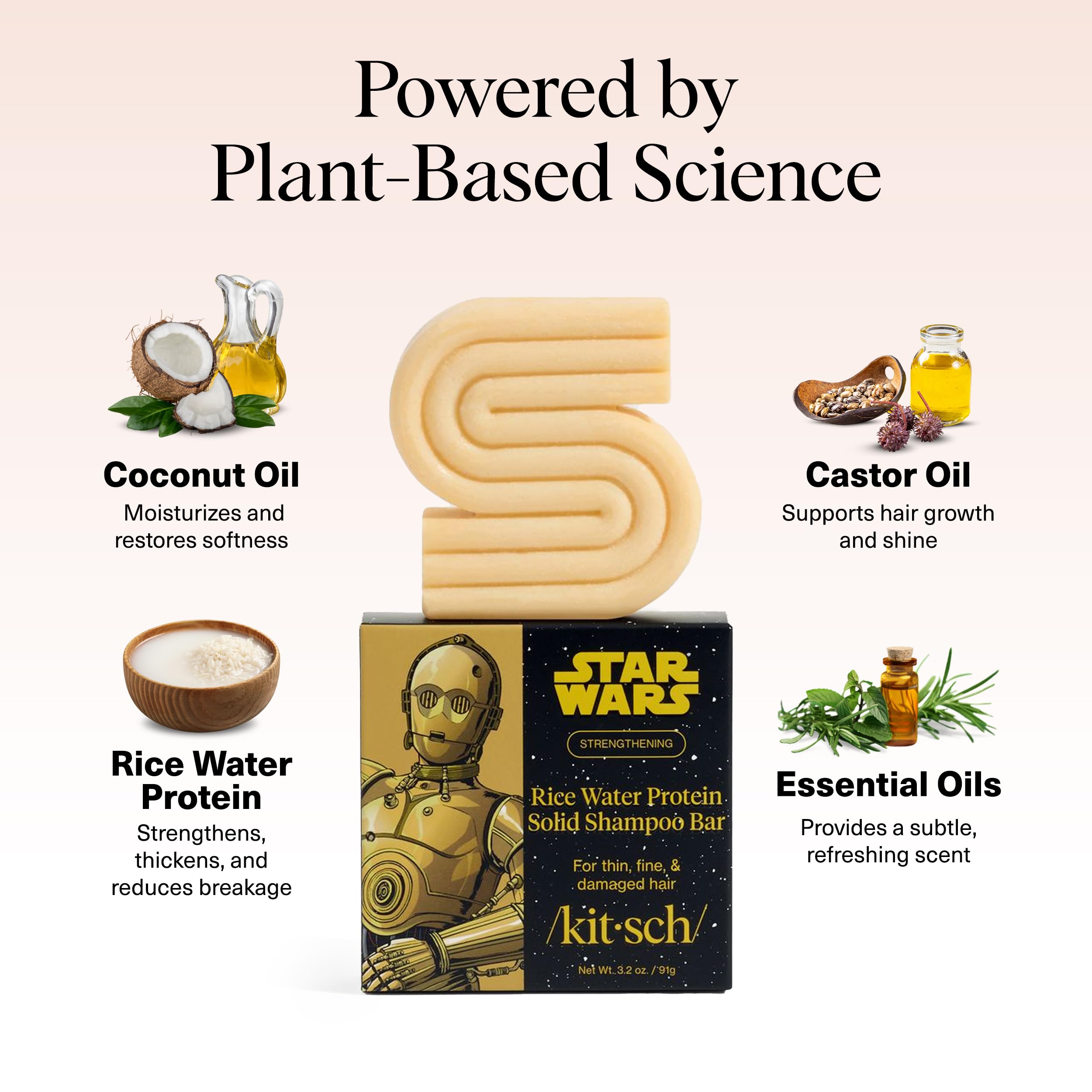 Kitsch Rice Water Protein Shampoo Bar with C-3PO Design – Strengthening, Vegan, Paraben/Sulfate-Free (3.2 oz)