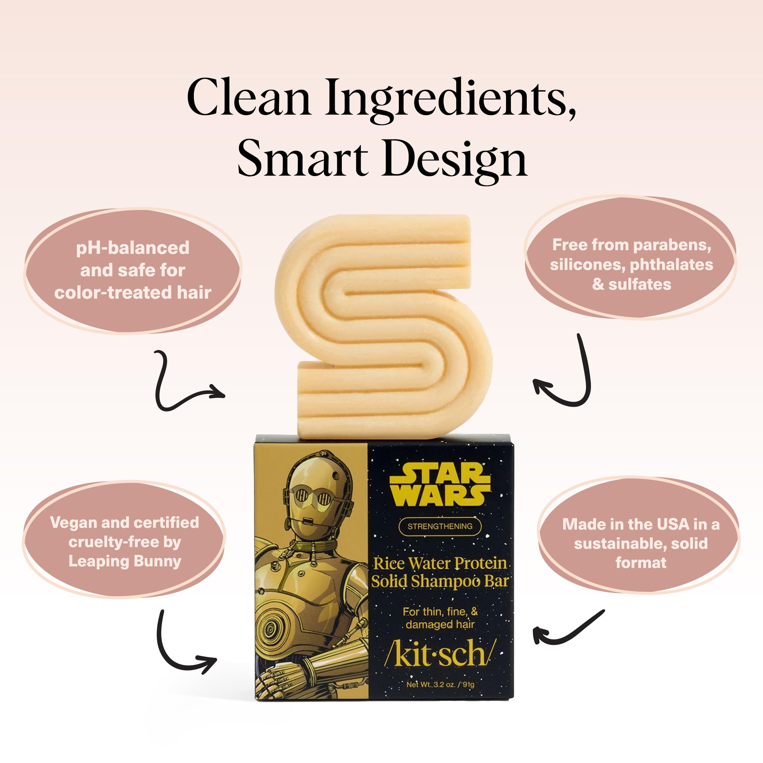 Kitsch Rice Water Protein Shampoo Bar with C-3PO Design – Strengthening, Vegan, Paraben/Sulfate-Free (3.2 oz)