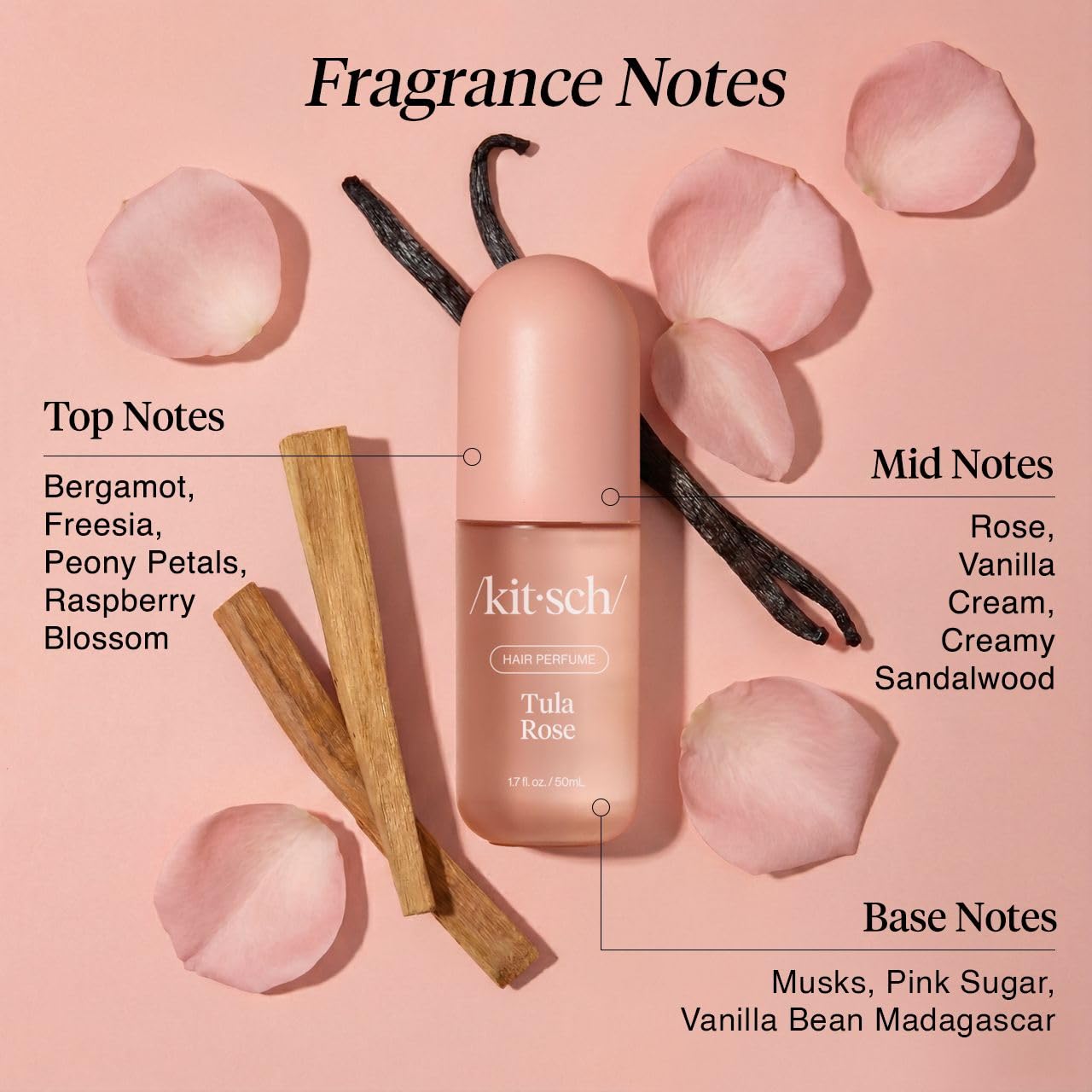 Kitsch Hair Perfume for Women – Tula Rose, Odor-Eliminating Hair & Body Mist, Floral Vanilla, 50mL