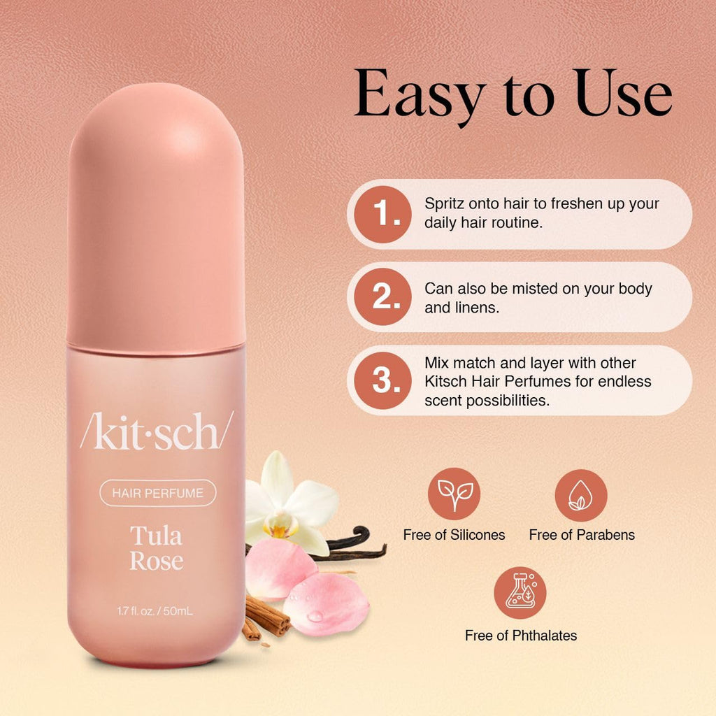 Kitsch Hair Perfume for Women – Tula Rose, Odor-Eliminating Hair & Body Mist, Floral Vanilla, 50mL